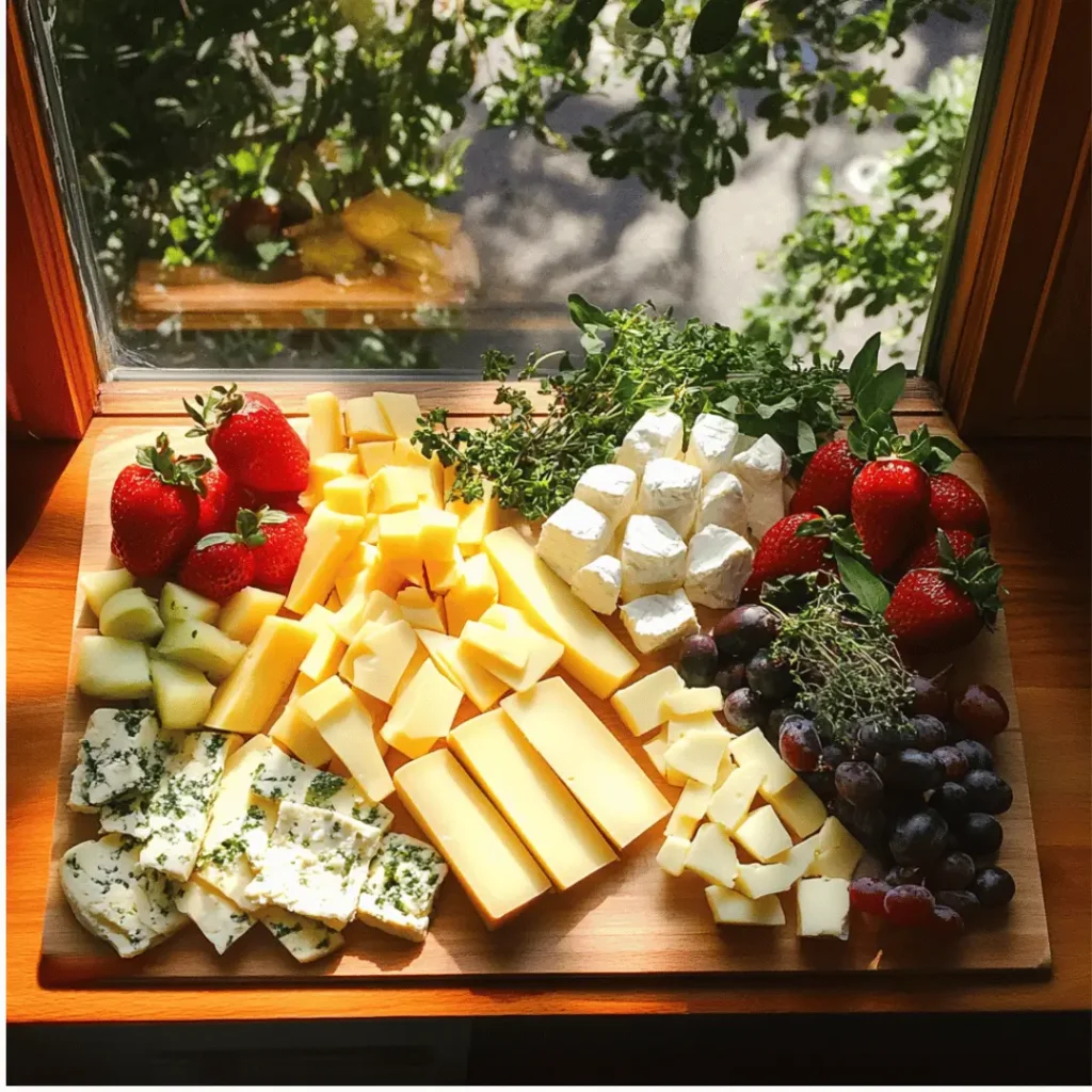 An indoor platter of lactose free cheese garnished with strawberries, grapes, and herbs, positioned near a sunlit window with outdoor greenery visible.