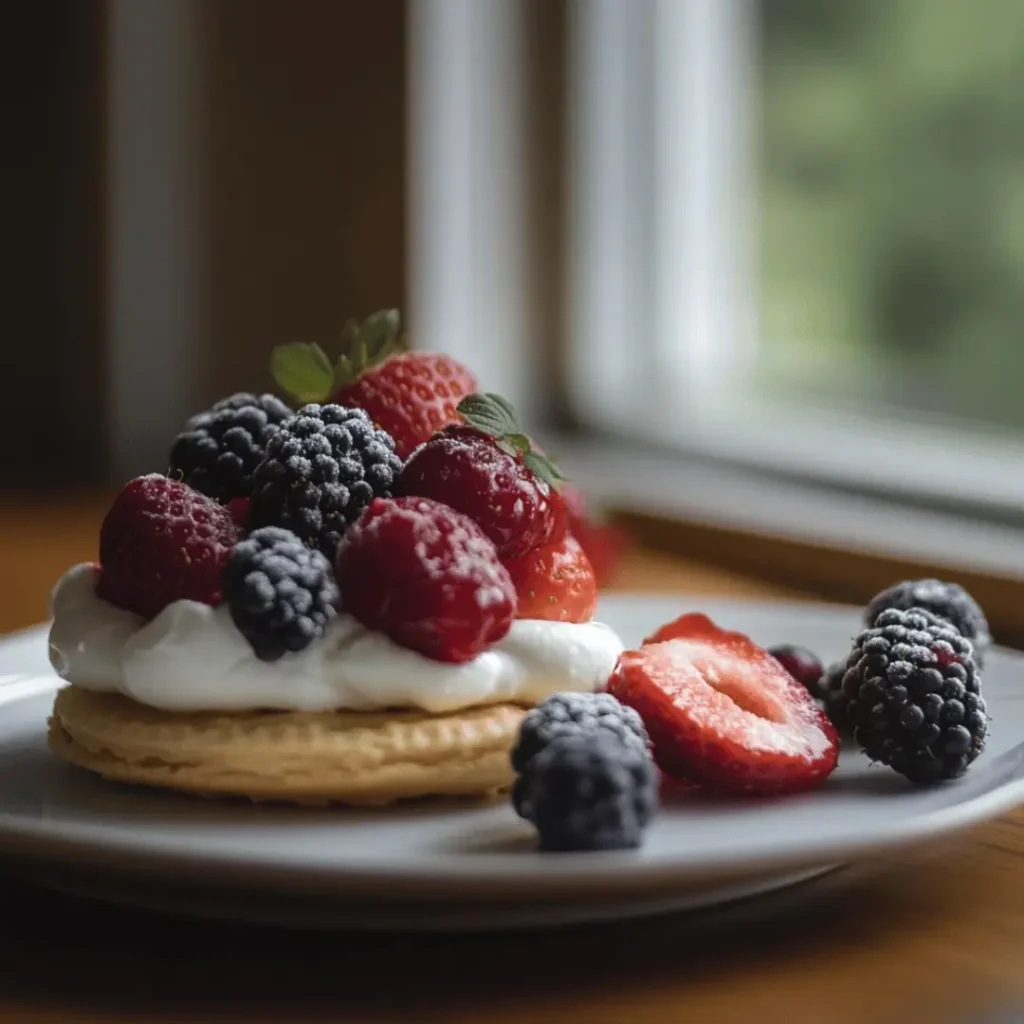 A luscious serving of lactose free cheese dessert topped with fresh berries, perfect for a sweet and guilt-free treat.