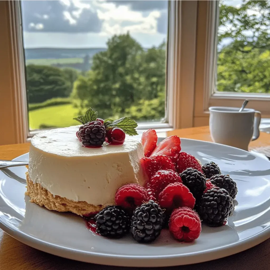 Creamy lactose free cheese dessert garnished with vibrant berries, offering a delightful indulgence for lactose-intolerant dessert lovers.
