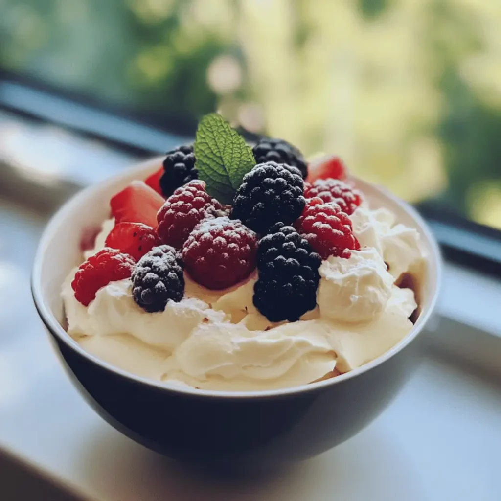 Lactose free cheese mousse topped with vibrant fresh berries.