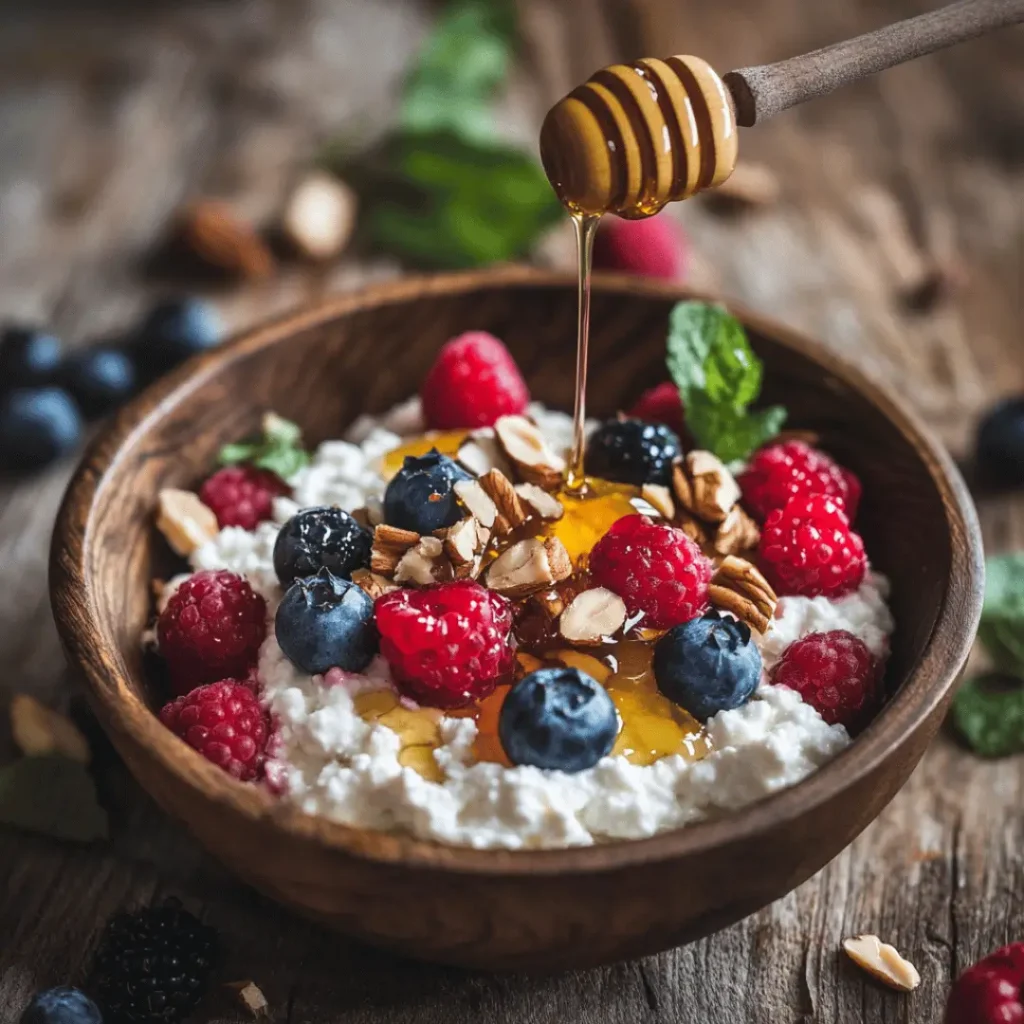 Lactose Free Cottage Cheese adorned with raspberries, blackberries, walnuts, and honey in a rustic wooden bowl.