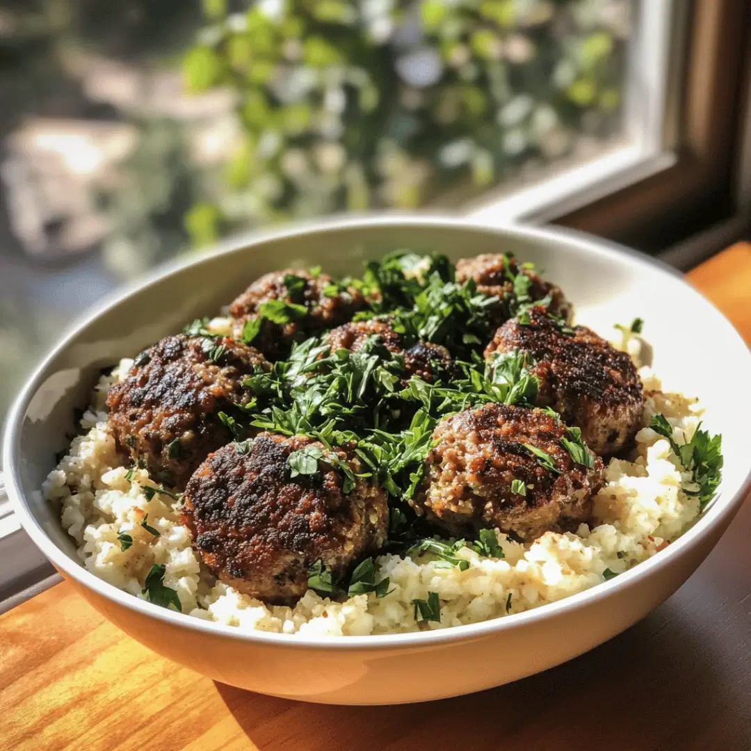 A bowl filled with lamb kofta served on a bed of cauliflower rice. The kofta is garnished generously with fresh parsley, bathed in sunlight pouring through a nearby window.