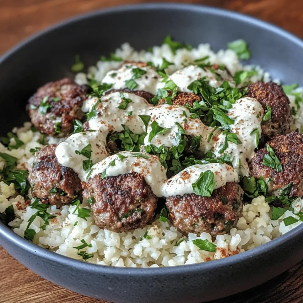  Lamb kofta arranged on a bed of cauliflower rice, topped with a creamy drizzle and fresh herbs. The meal is presented elegantly in a dark bowl.