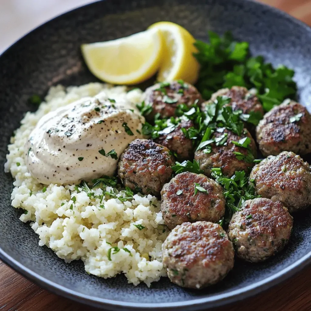 A plate featuring lamb kofta on cauliflower rice, accompanied by a dollop of creamy sauce and lemon wedges. Fresh parsley adds a bright touch to the presentation.