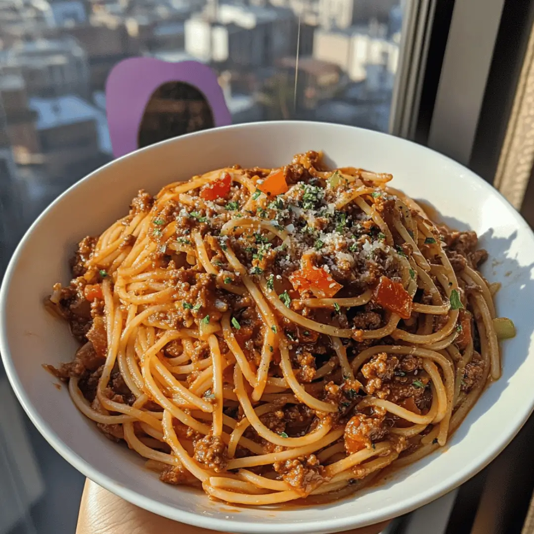 Lean Spaghetti Bolognese served in a white bowl with a cityscape view in the background.