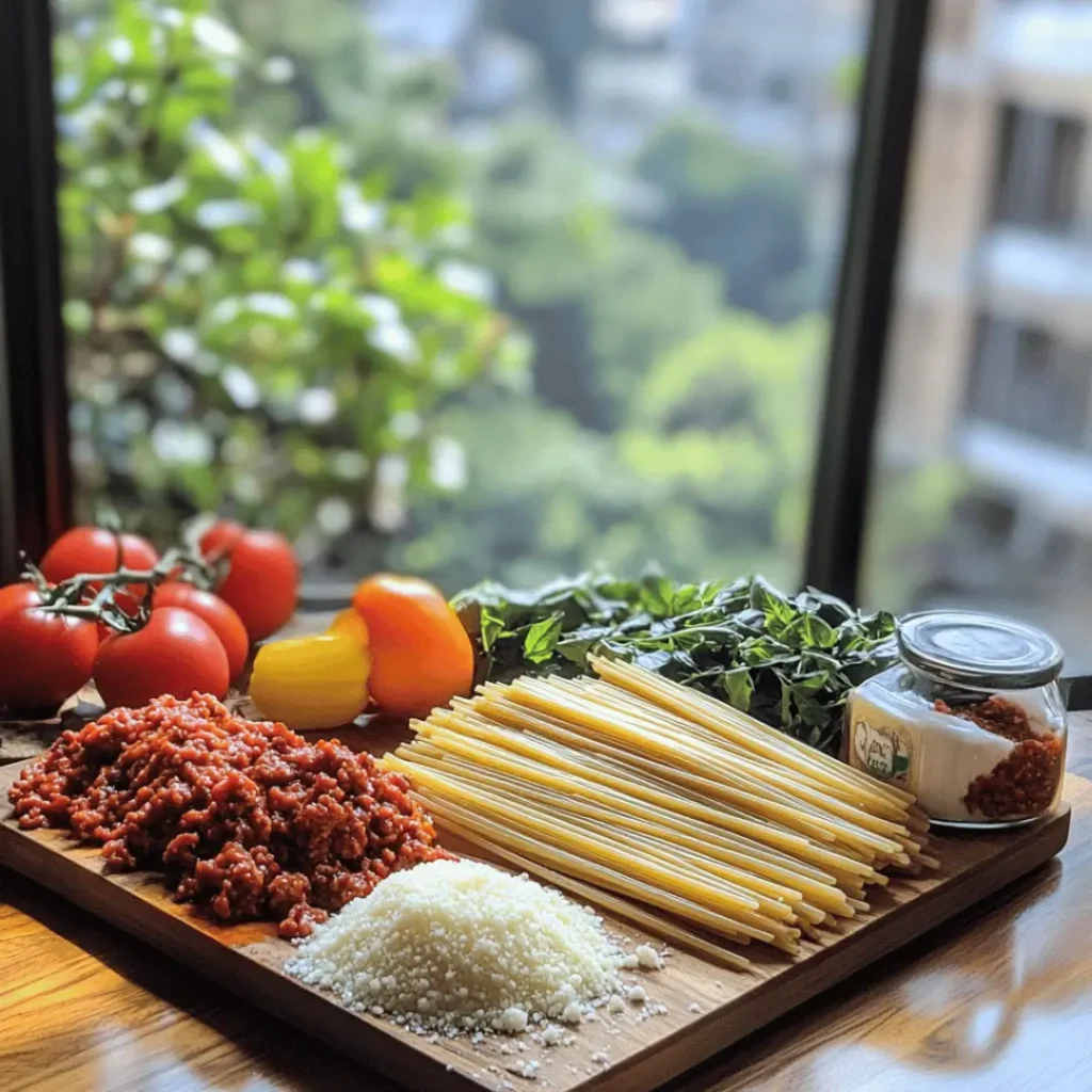 Fresh ingredients for Lean Spaghetti Bolognese including tomatoes, bell peppers, lean mince, and pasta on a wooden board.