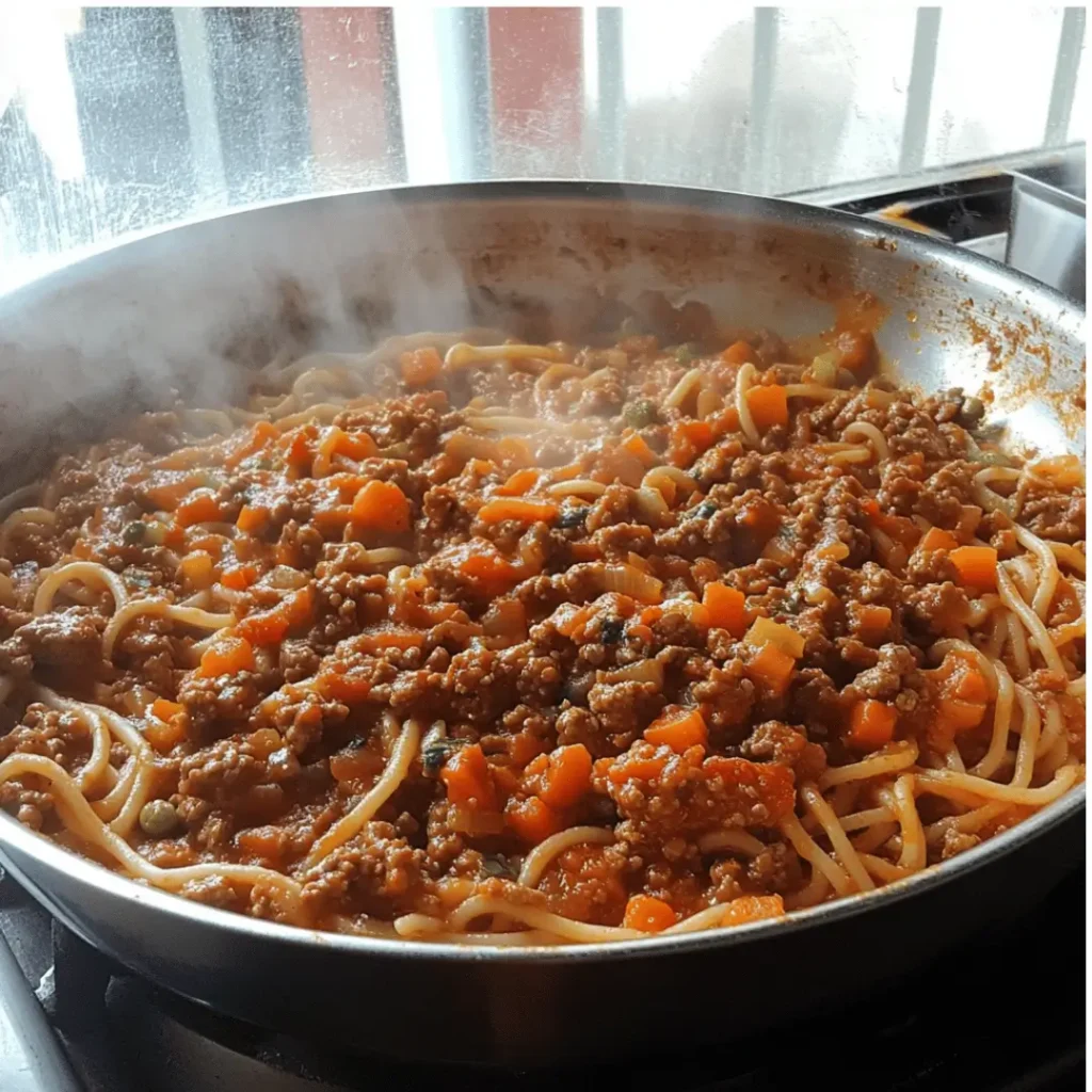 Lean Spaghetti Bolognese cooking in a large pan with steam rising in front of a sunny window.