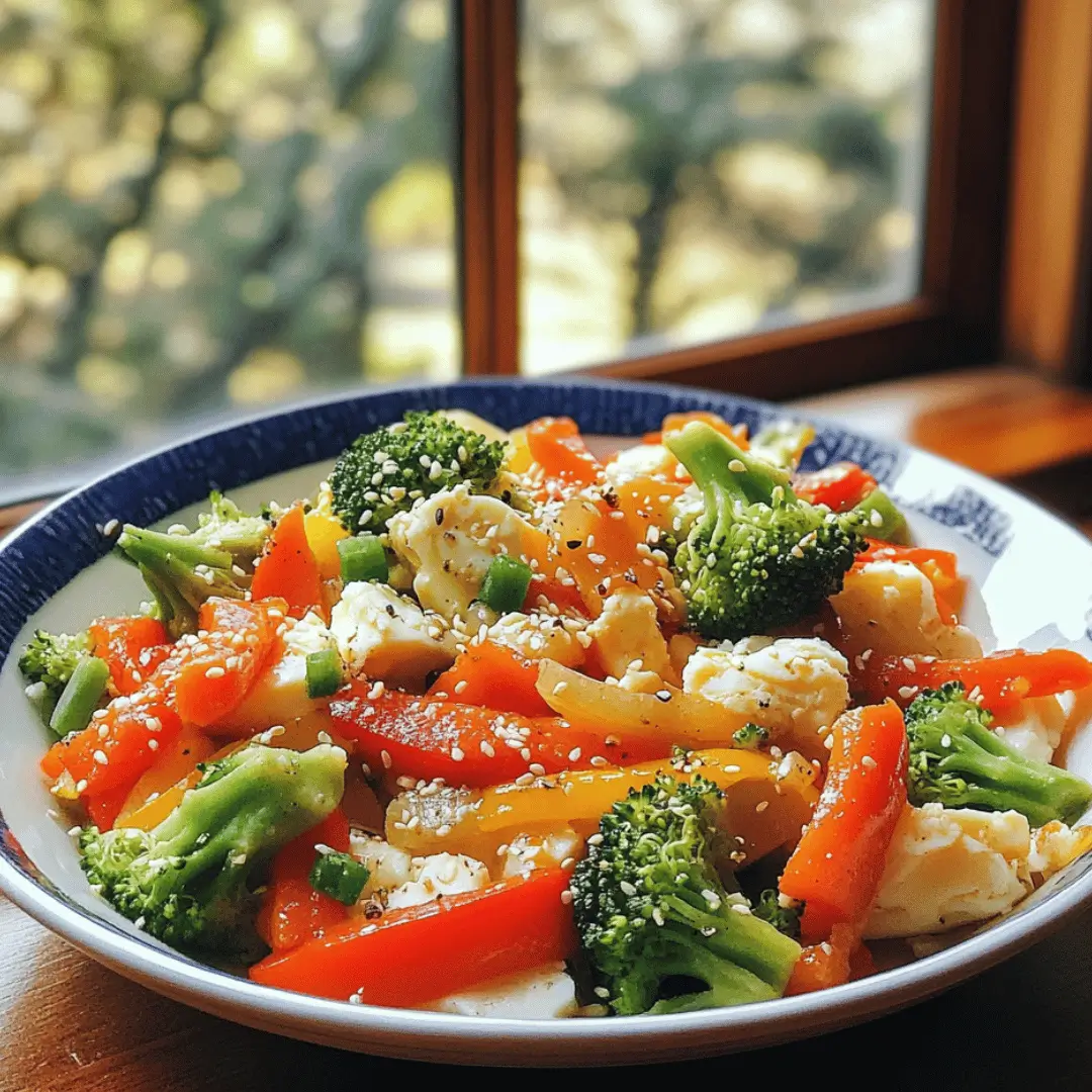 A bowl filled with a colorful low-calorie white eggs stir-fry featuring broccoli florets, red and yellow bell pepper strips, and crumbled egg whites, sprinkled with sesame seeds and black pepper near a window.