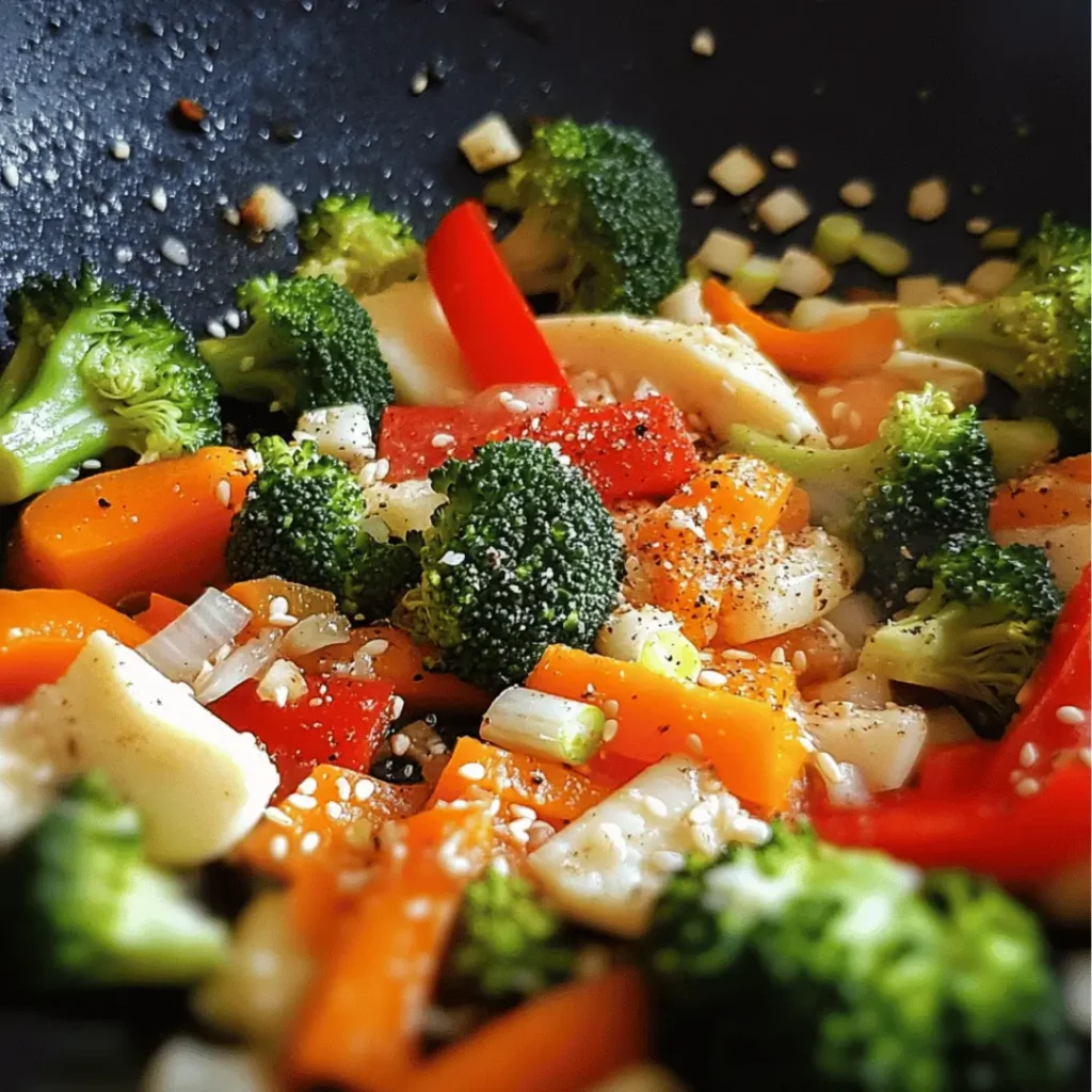  Close-up of a wok stir-fry with chopped broccoli, red bell peppers, carrots, onions, and chunks of white eggs seasoned with sesame seeds and black pepper.