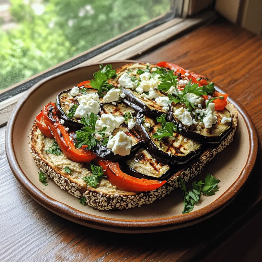 A slice of protein bread with grilled aubergine, red peppers, feta cheese, and parsley, sitting on a plate by a sunlit window.
