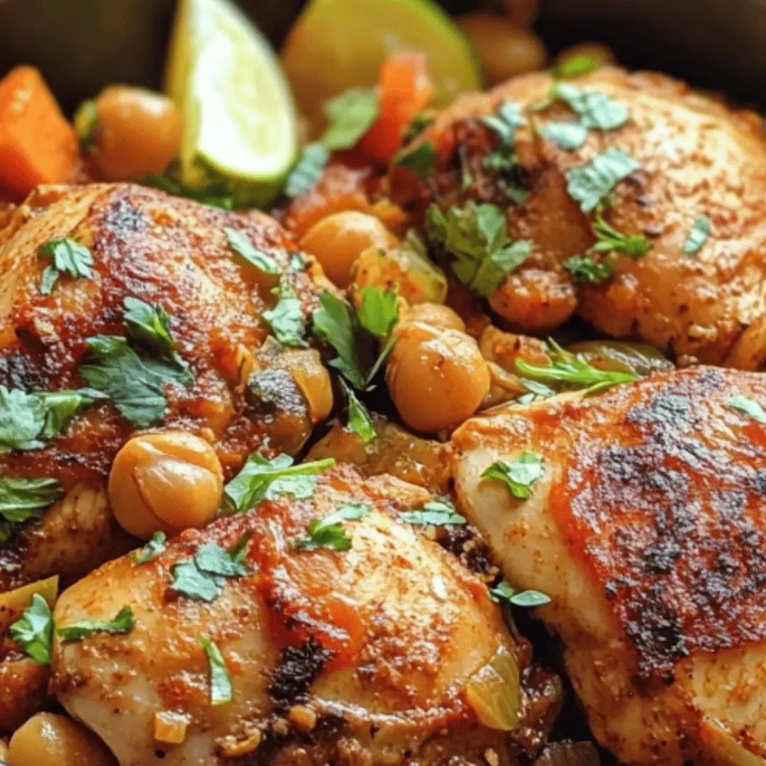 Close-up of Moroccan Chicken and Chickpeas stew with vegetables, herbs, and lime.