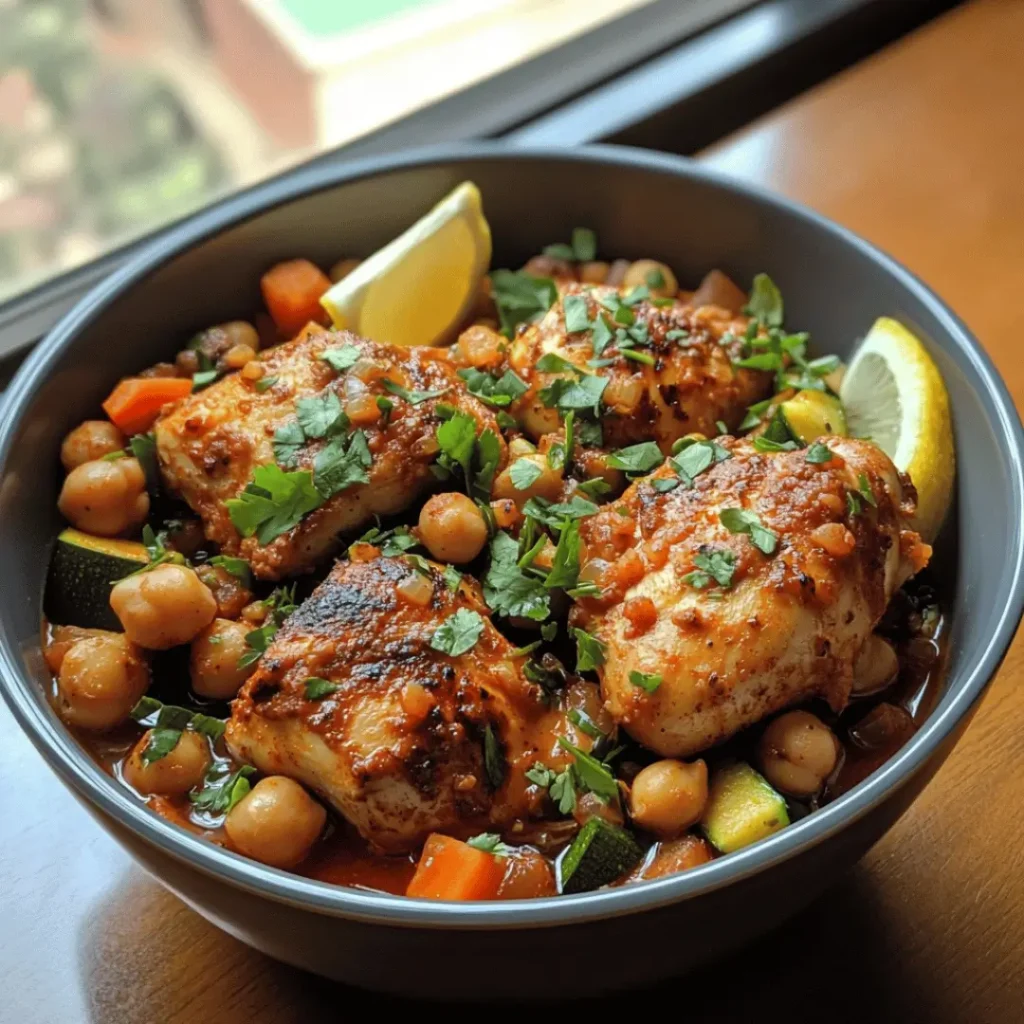 A bowl of hearty Moroccan Chicken and Chickpeas stew with vegetables and lemon wedges.