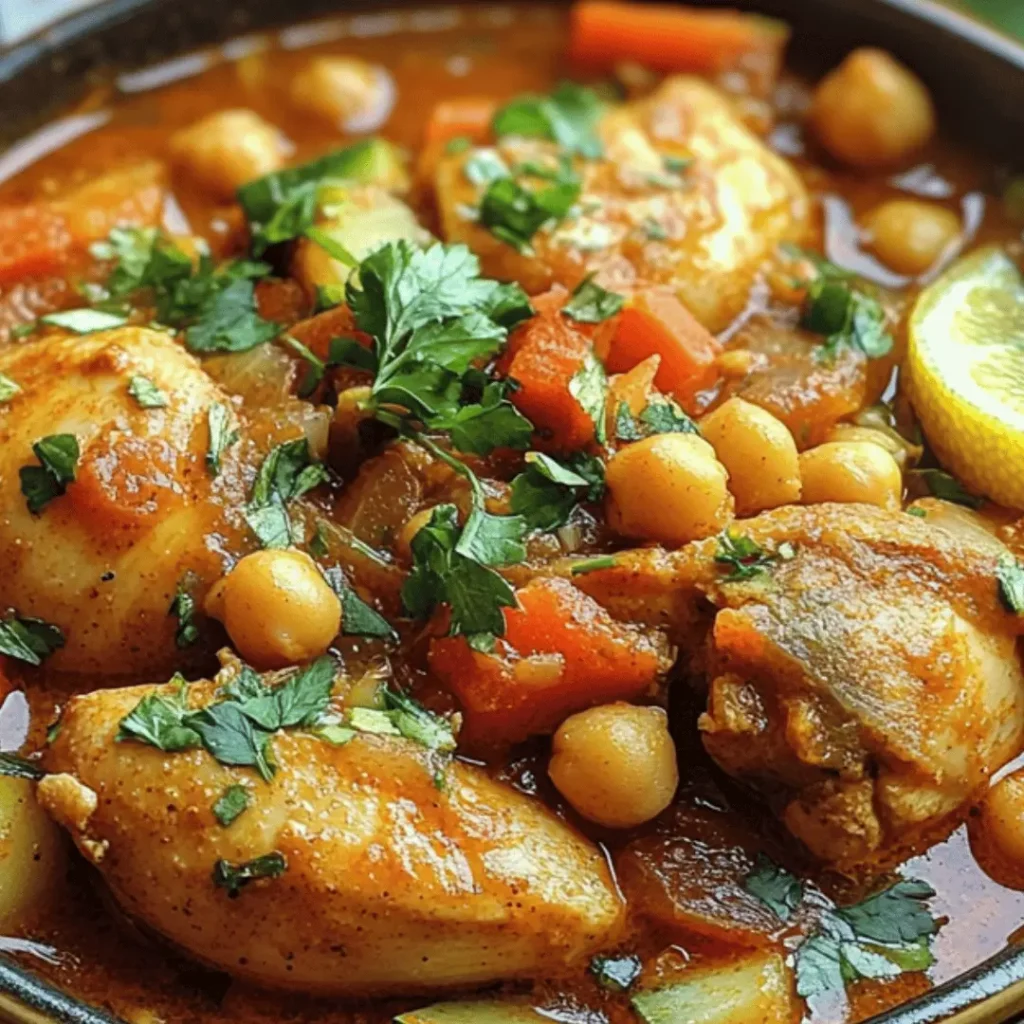 Close-up view of rich Moroccan Chicken and Chickpeas stew with vegetables and herbs.