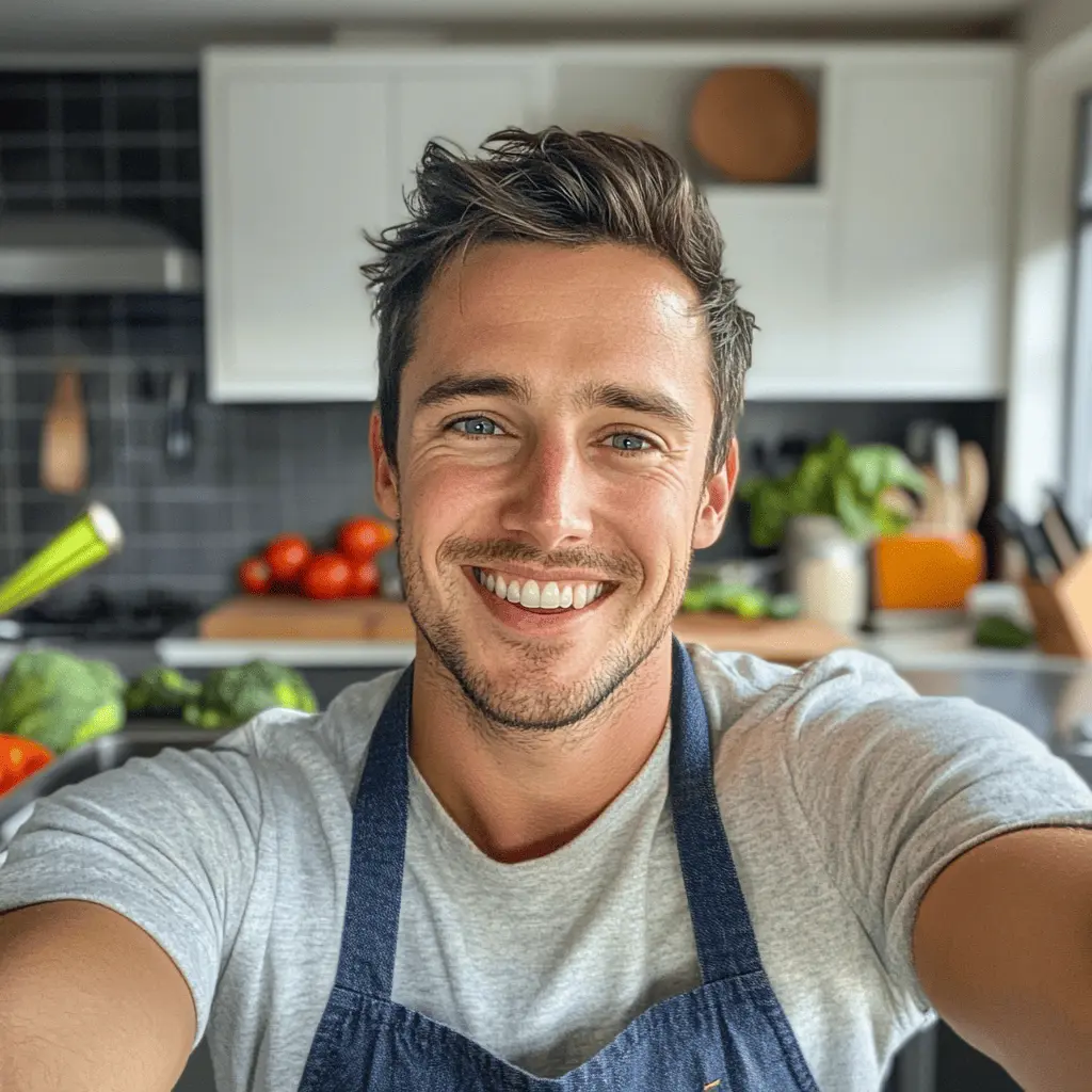 Smiling man in a kitchen with fresh vegetables, representing Noah from Vitaly Meals healthy cooking blog.