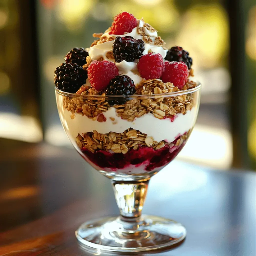 Healthy breakfast Ideas: A glass cup layered with luscious Greek yogurt, mixed berries, and crunchy granola, topped with chia seeds, set adjacent to a softly lit window.