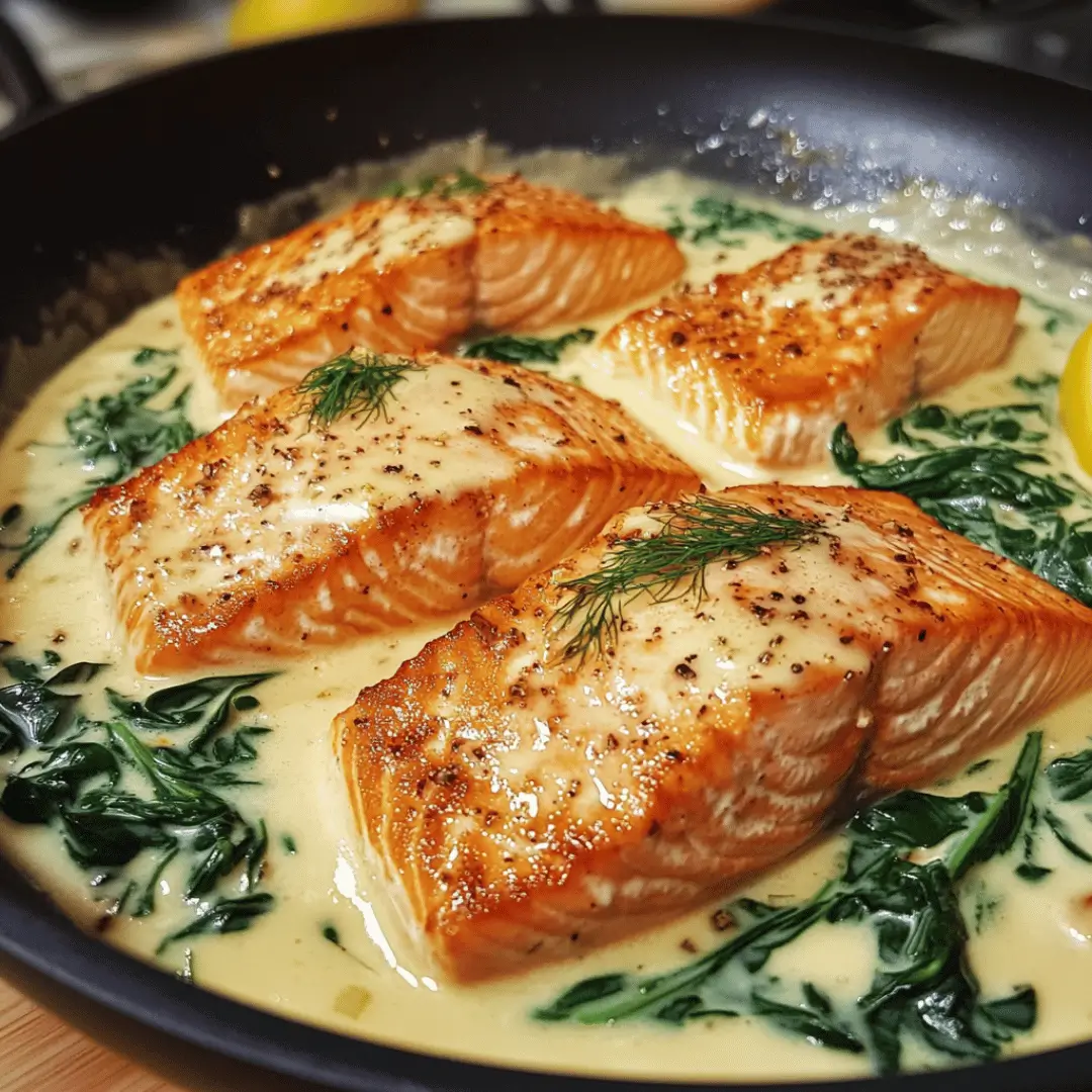 Pan-fried salmon fillets in a cream sauce with fresh spinach in a black skillet.
