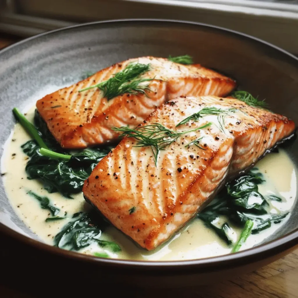 Pan-fried salmon served in a creamy sauce with spinach and topped with fresh dill in a bowl.