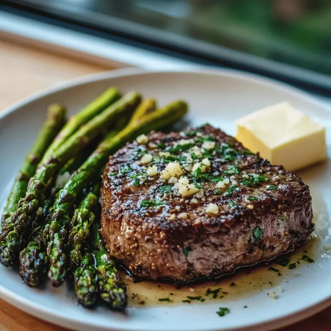 A perfectly cooked steak seasoned with garlic and herbs, served with roasted asparagus and a generous square of butter on a white plate.