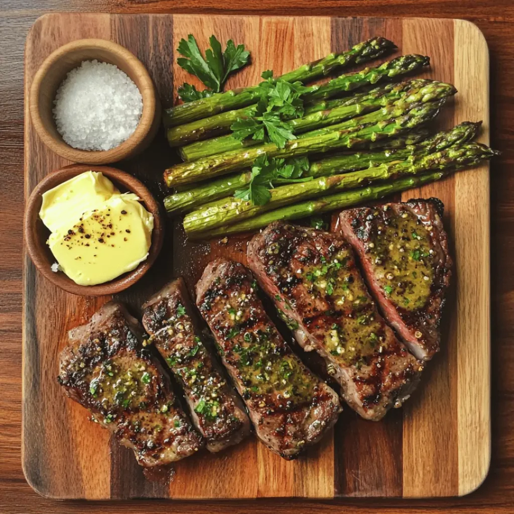 Sliced steak seasoned with herbs, accompanied by roasted asparagus, bowls of butter and salt, beautifully arranged on a wooden serving board.