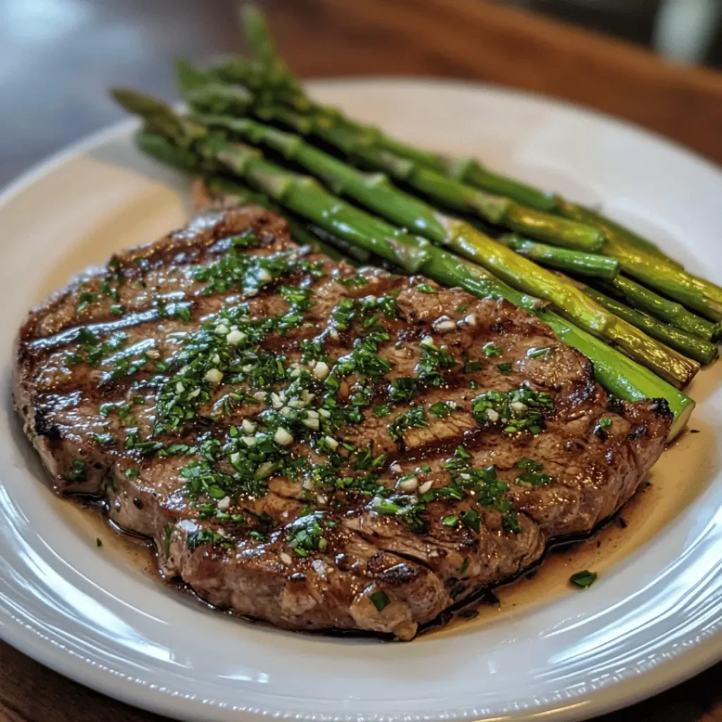 Grilled steak topped with chopped herbs and garlic, served with roasted asparagus on a white ceramic plate.