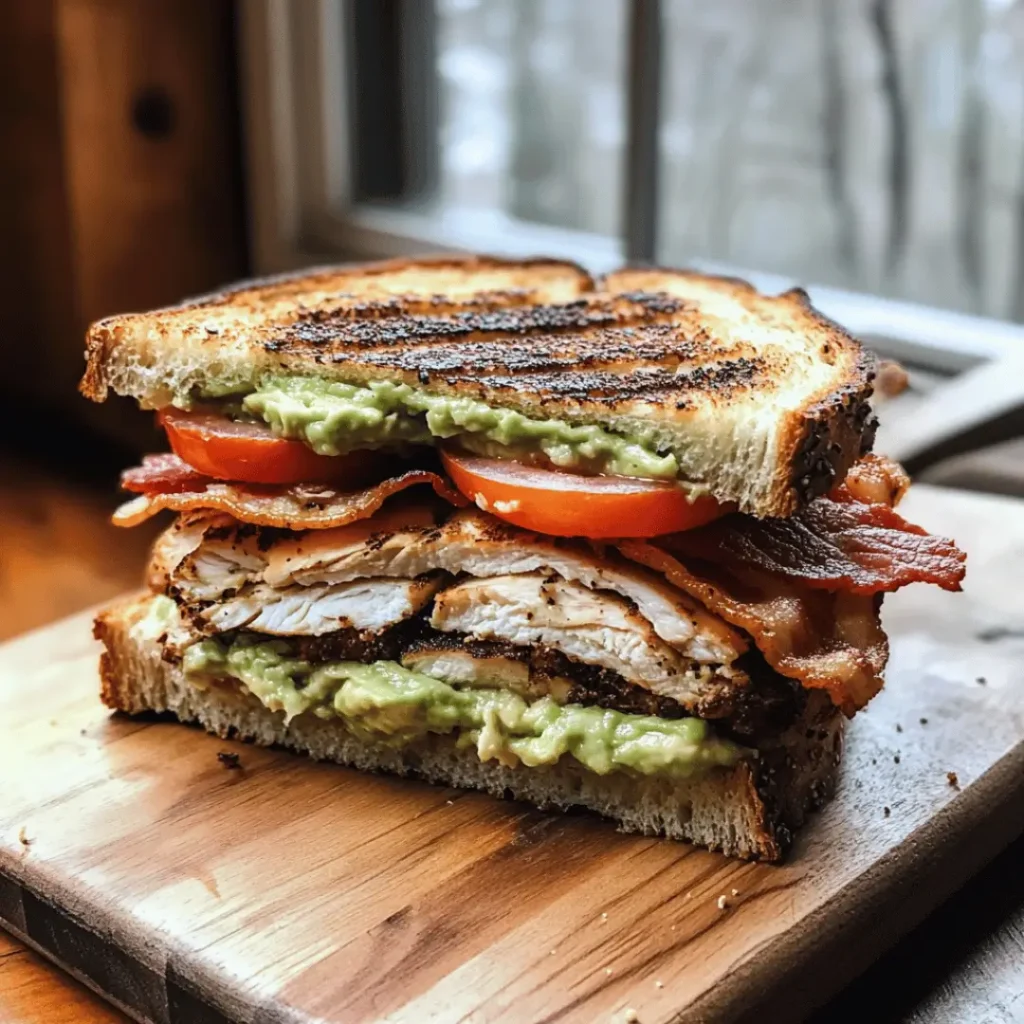 A stacked protein bread club sandwich with grilled chicken, crispy bacon, tomatoes, and mashed avocado between slices, resting on a cutting board.

