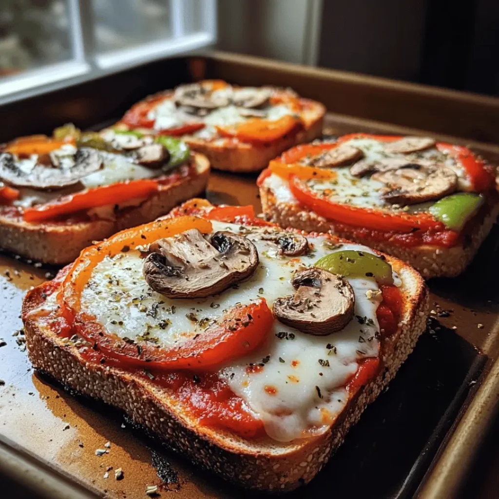 Slices of protein bread topped with tomato sauce, mozzarella cheese, bell peppers, and mushrooms, freshly baked and resting on a tray.
