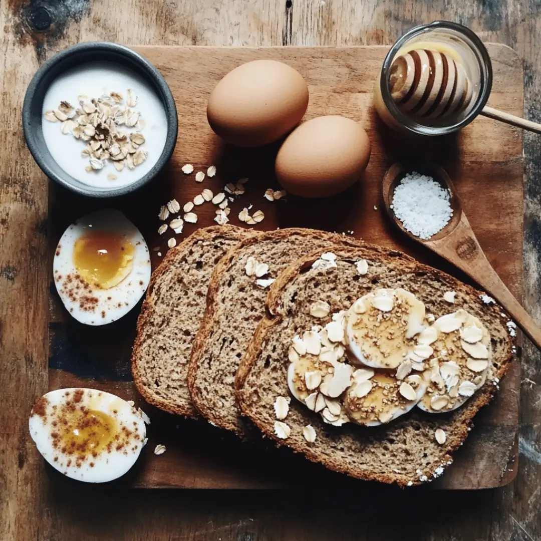 A slice of protein bread topped with banana slices and oats, surrounded by eggs, honey, and salt, capturing a warm and rustic breakfast setting.