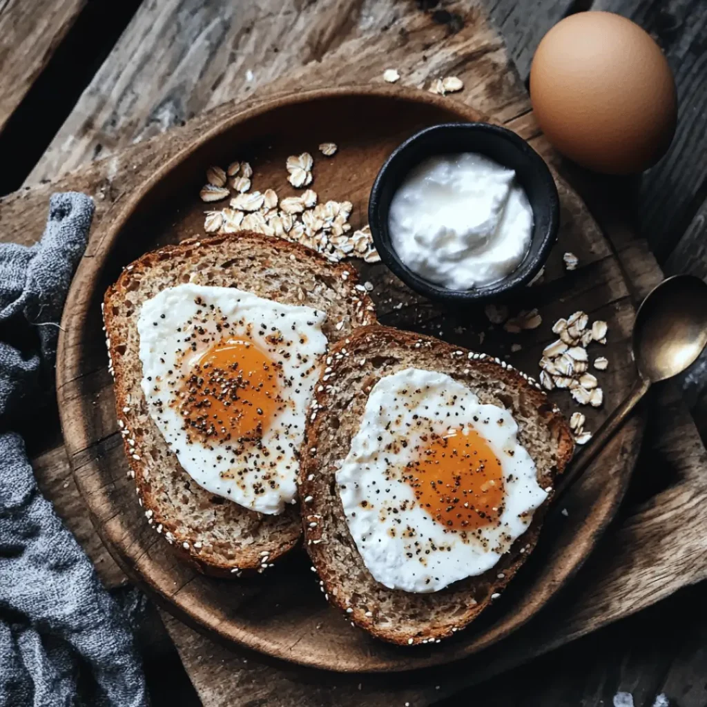 Two slices of protein bread with fried eggs, with oats and yoghurt on a rustic plate, highlighting a hearty morning breakfast.
