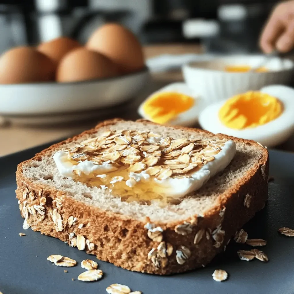 Protein bread with a layer of Greek yoghurt and honey, surrounded by soft-boiled eggs and oat toppings, immersed in a cosy kitchen setting.