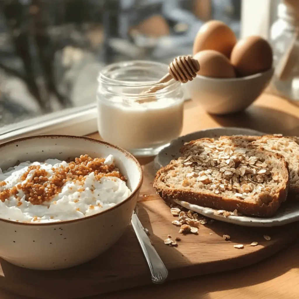 Protein bread slices on a wooden board next to a bowl of Greek yoghurt topped with oats, eggs in the background, capturing a window-lit morning ambiance.