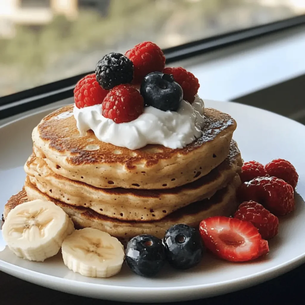 Stack of protein pancakes topped with Greek yogurt, raspberries, blueberries, and banana slices on a white plate by a window