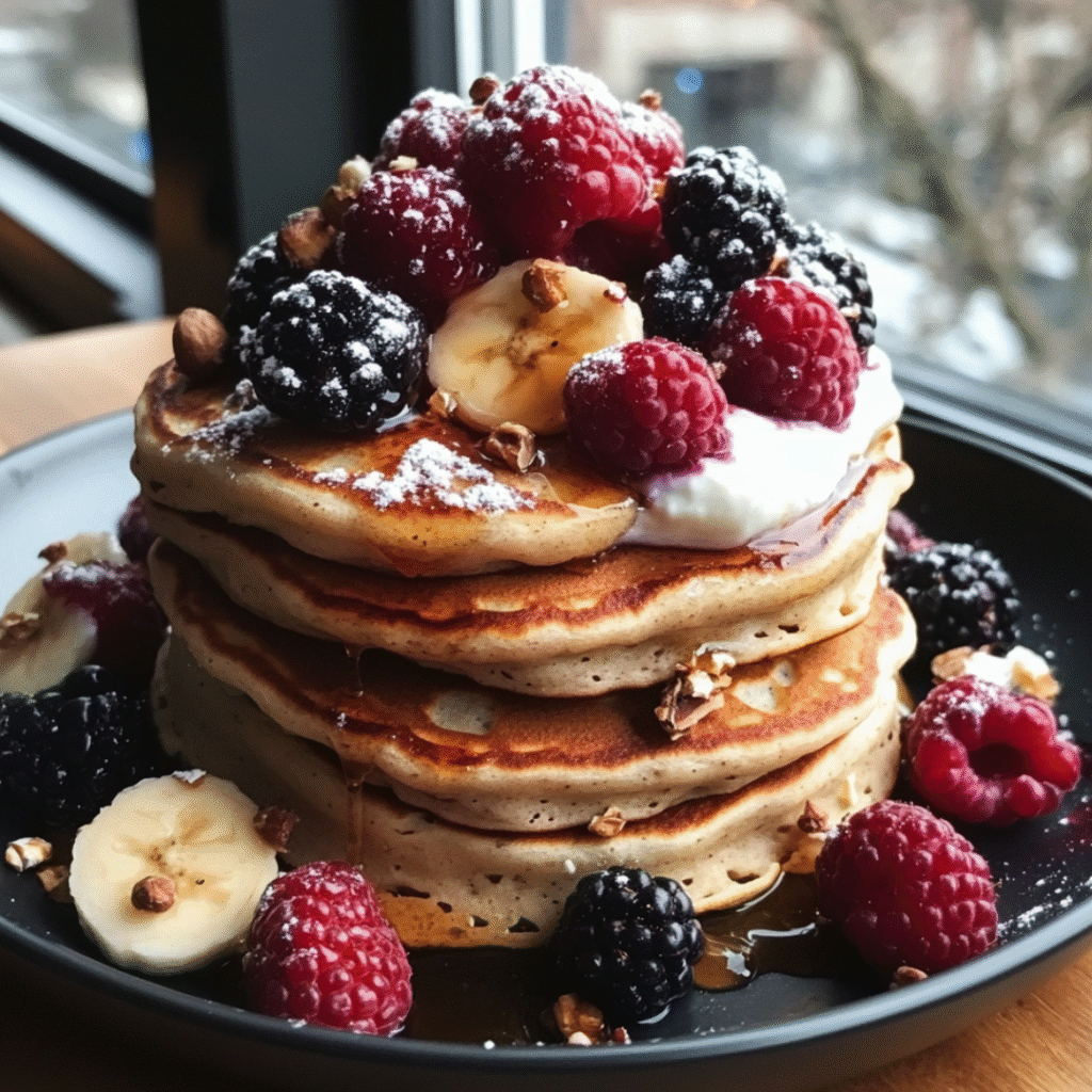 Stack of protein pancakes topped with Greek yogurt, banana slices, raspberries, blackberries, granola bits, and syrup on a black plate by a window