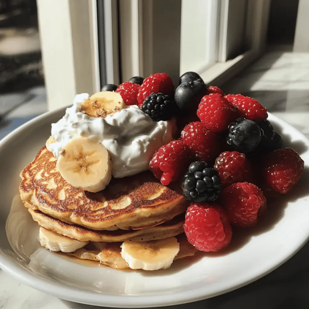 Tall stack of protein pancakes layered with Greek yogurt, fresh berries, granola, banana slices, and honey drizzle on a dark plate