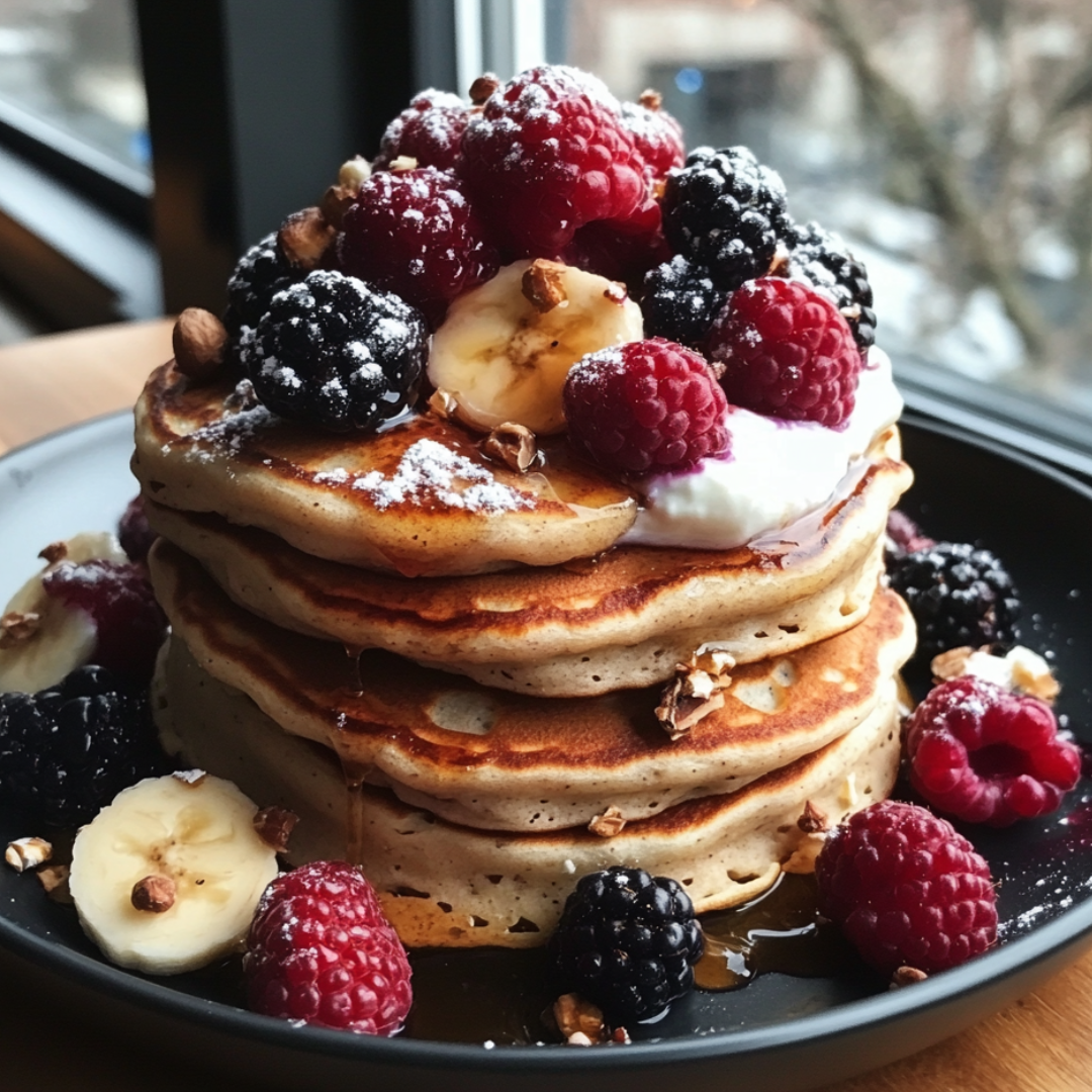 Stack of protein pancakes topped with Greek yogurt, banana slices, raspberries, blackberries, granola bits, and syrup on a black plate by a window