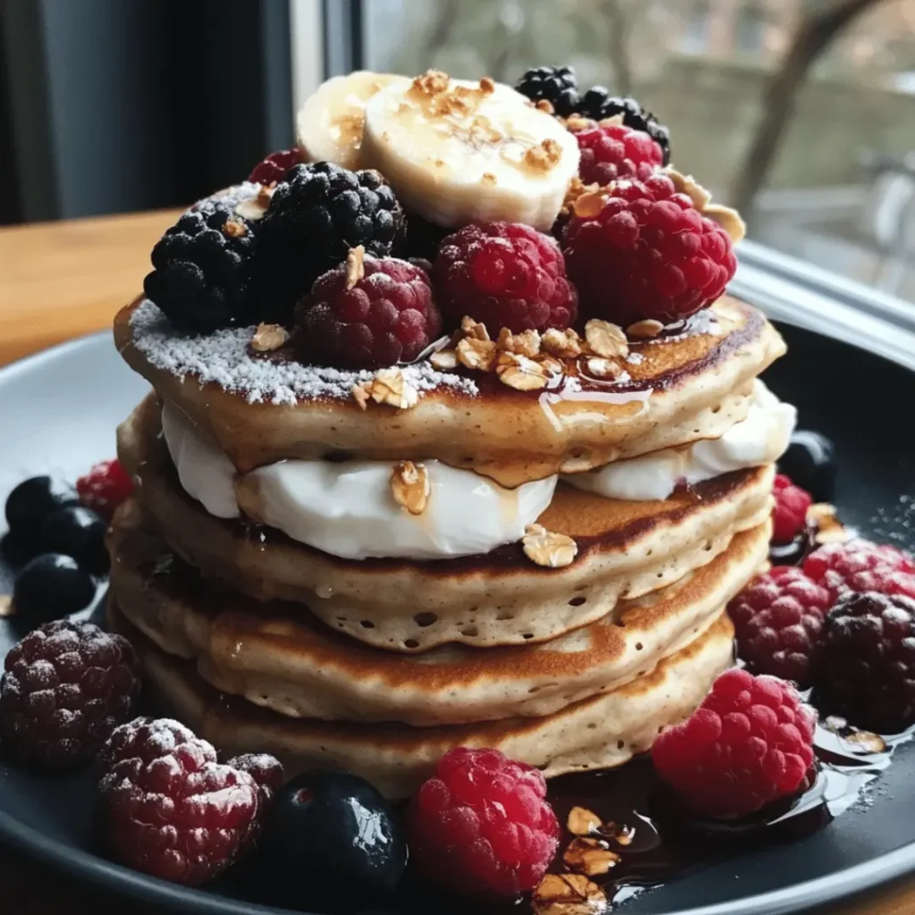 Close-up of protein pancakes topped with Greek yogurt, sliced banana, raspberries, blackberries, and blueberries on a white plate