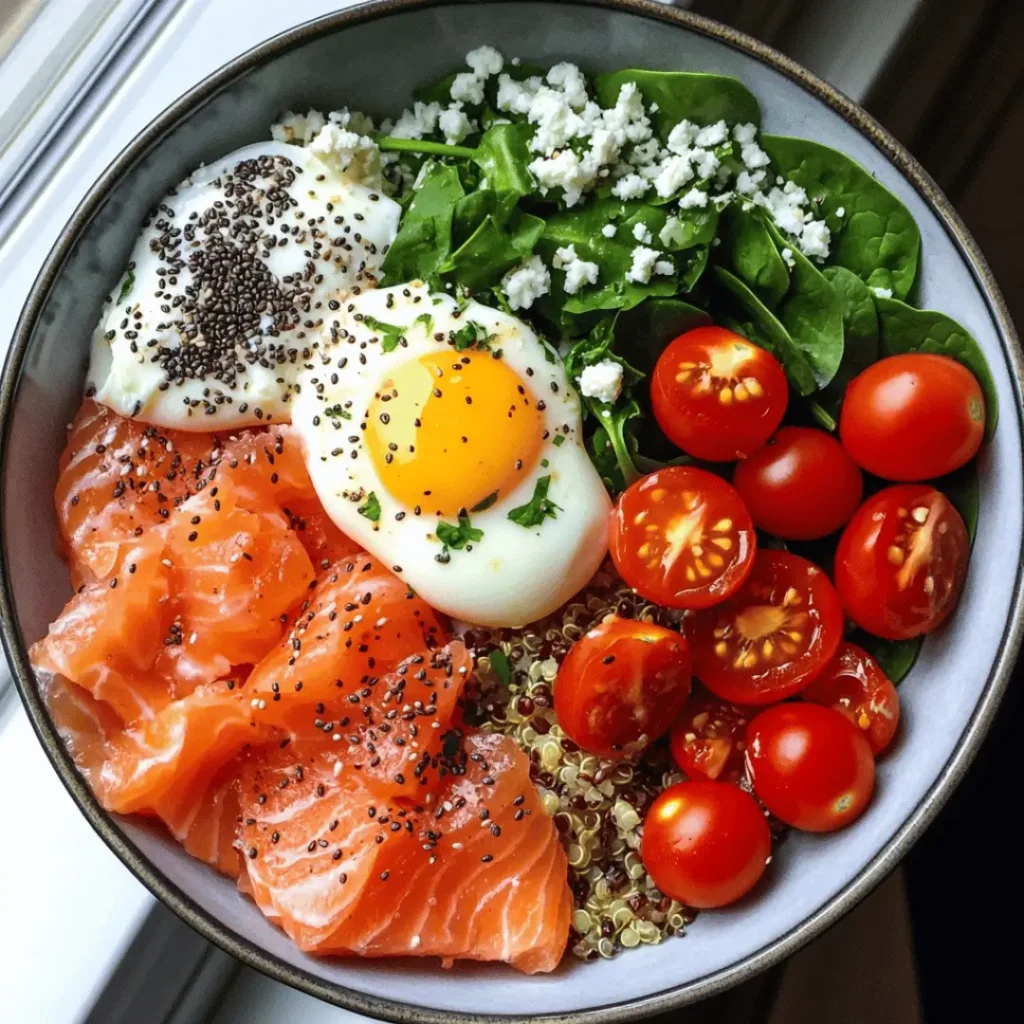 A colorful 50g protein breakfast bowl featuring smoked salmon, poached eggs, spinach, and cherry tomatoes with chia seeds on quinoa.