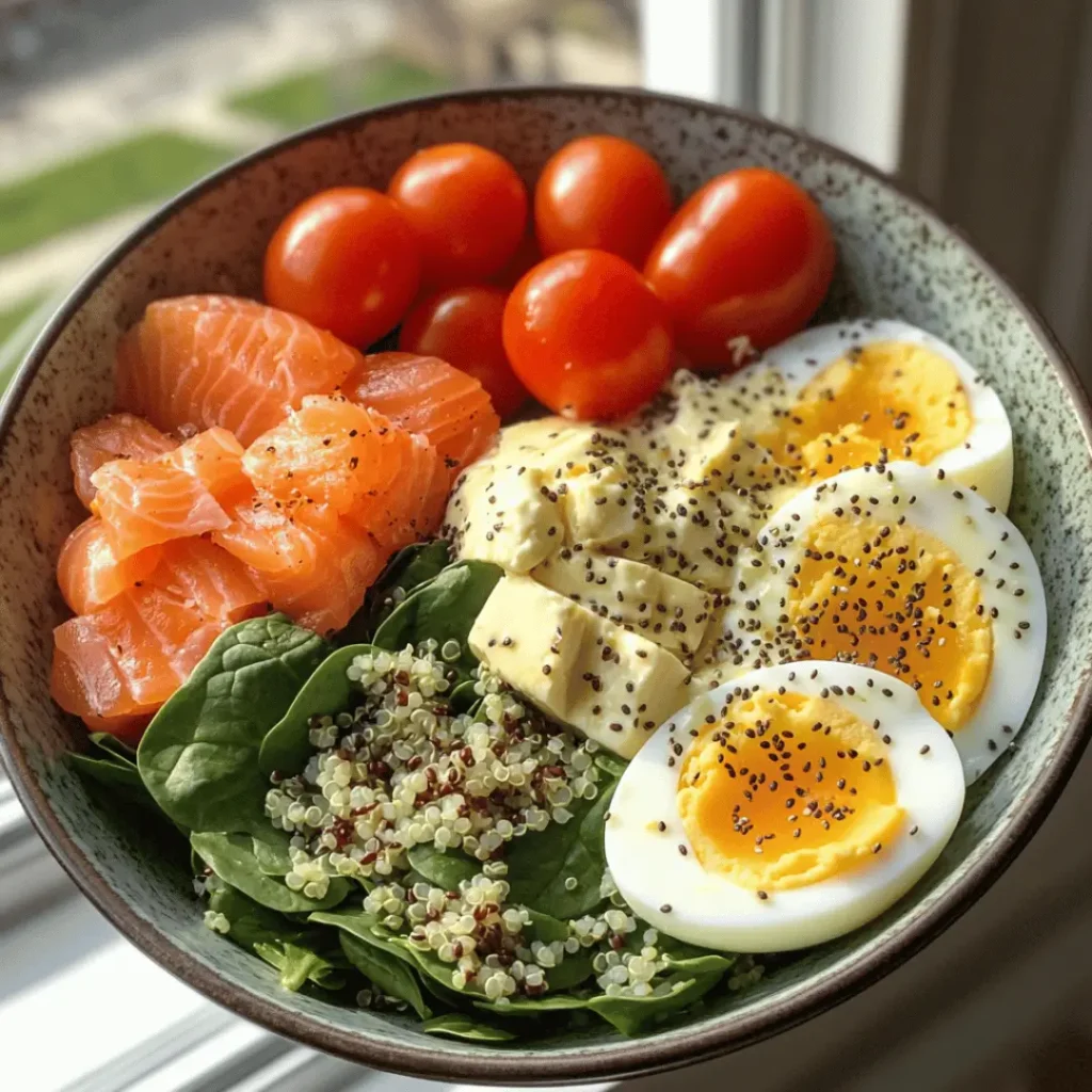 A nutritious 50g protein breakfast bowl with smoked salmon, boiled eggs, spinach, quinoa, and cherry tomatoes, topped with chia seeds and cubed cheese.
