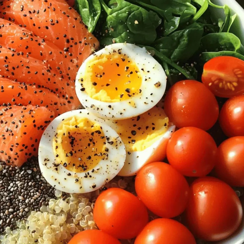 A wholesome 50g protein breakfast bowl composed of smoked salmon, hard-boiled eggs, spinach, and scattered cherry tomatoes with a sprinkling of chia seeds and quinoa.