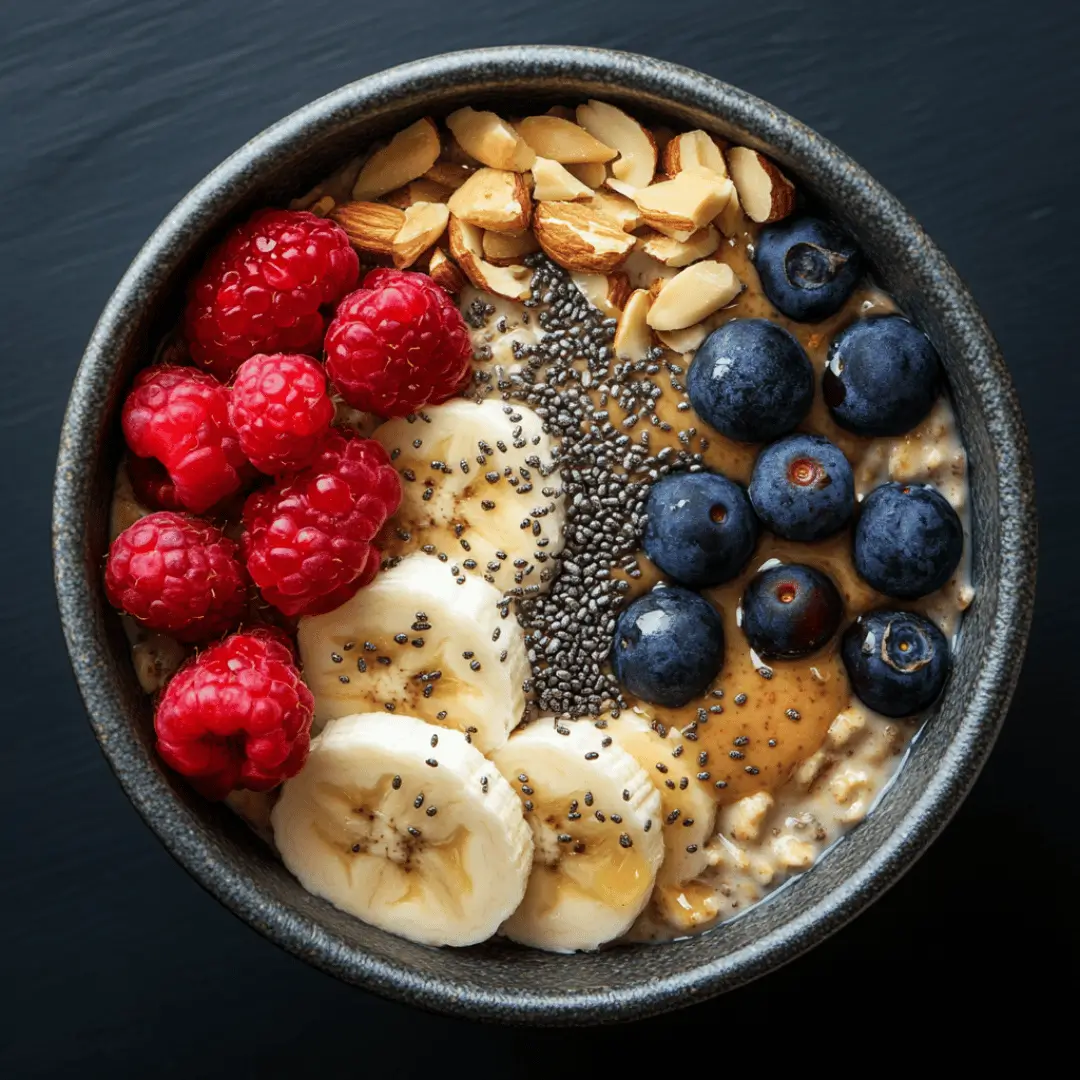 Protein Power Oat Bowl topped with raspberries, blueberries, banana slices, chia seeds, almond butter, and chopped almonds in a dark bowl.