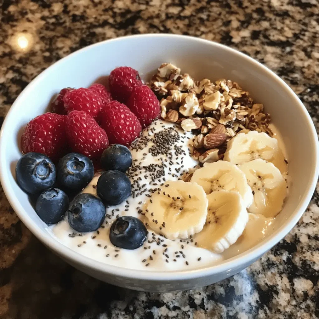 Protein Power Oat Bowl featuring blueberries, raspberries, chia seeds, banana slices, and crunchy almonds served in a white bowl.