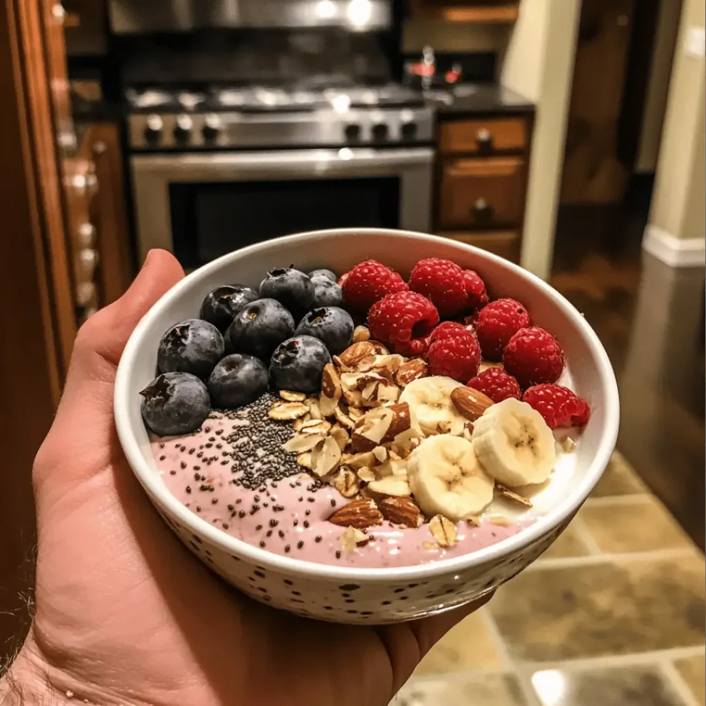 Protein Power Oat Bowl held in hand, topped with raspberries, blueberries, banana slices, chia seeds, and chopped almonds in a white bowl.