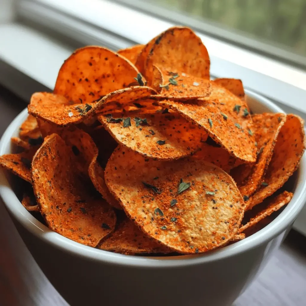 A bowl of seasoned protein chips with herbs, placed near a window, showcasing their golden-brown appearance.