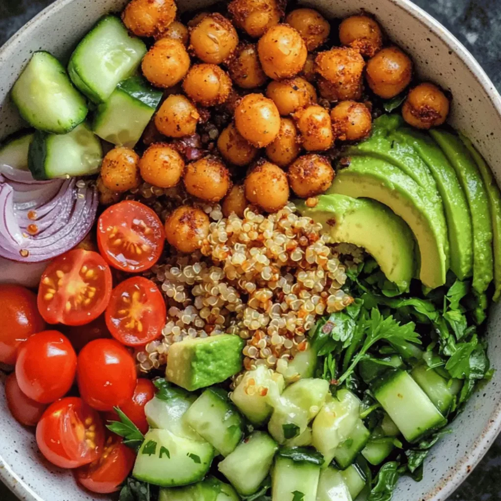 Bowl with roasted chickpeas, quinoa, avocado, cherry tomatoes, cucumber, red onion, and fresh herbs.