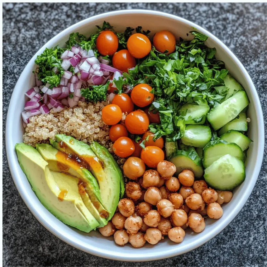 Fresh plant-based bowl with roasted chickpea, quinoa, avocado, cherry tomatoes, cucumber, parsley, and red onion.

