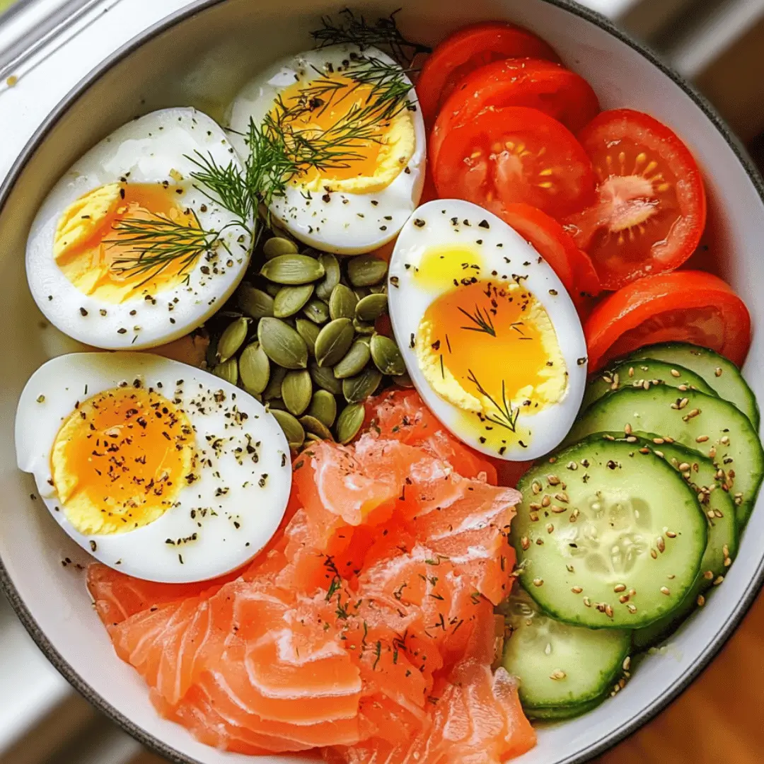 Testosterone boosting breakfast: A colorful bowl featuring soft-boiled eggs, smoked salmon, tomatoes, cucumbers, pumpkin seeds, and fresh dill.
