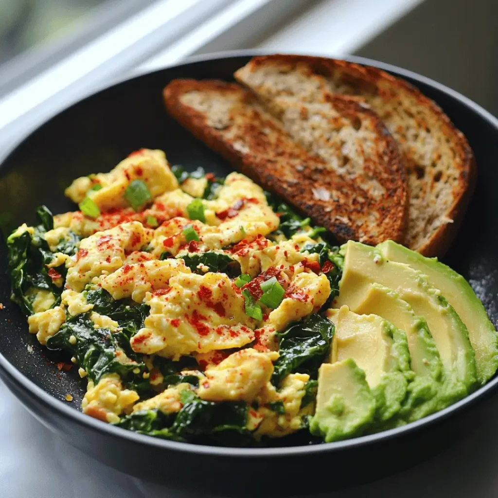 Testosterone boosting breakfast: Fluffy scrambled eggs with spinach, avocado slices, and whole grain toast in a black skillet.