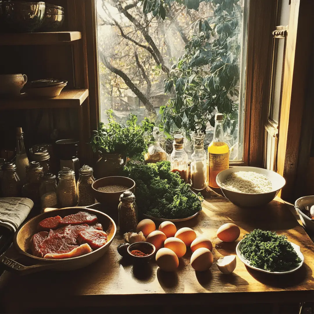 Testosterone boosting breakfast: A hearty bowl filled with sliced steak, perfectly fried eggs, cooked quinoa, wilted kale, and vibrant spinach, seasoned to perfection.