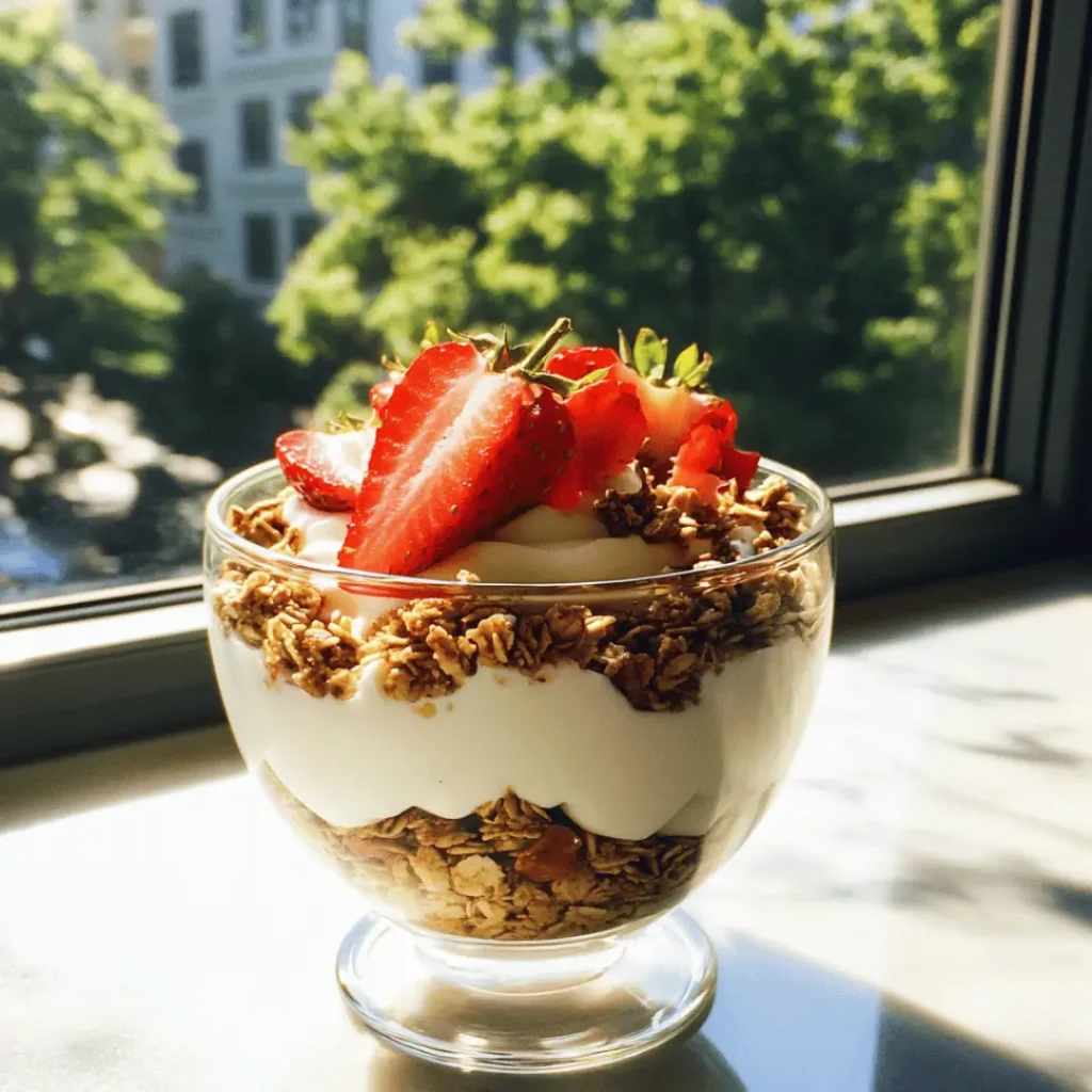 Strawberry Protein Parfait in a glass bowl layered with Greek yogurt, protein granola, and fresh strawberry slices by a sunny window