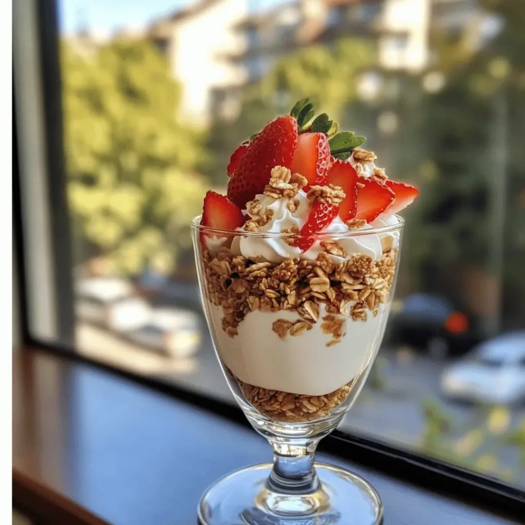 Strawberry Protein Parfait in a tall stemmed glass with alternating layers of yogurt, granola, and sliced strawberries