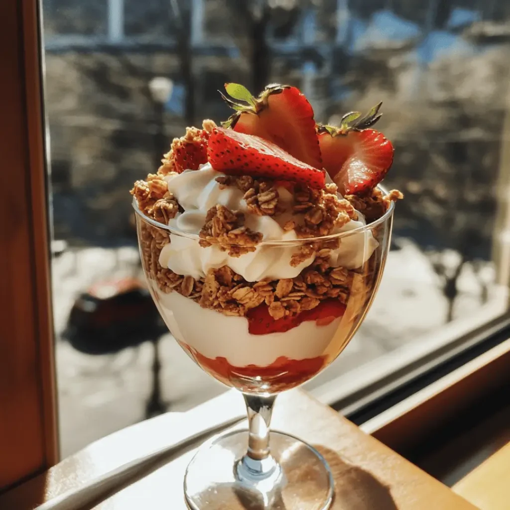 Strawberry Protein Parfait in a wine-style glass layered with Greek yogurt, granola, and strawberry slices in warm light
